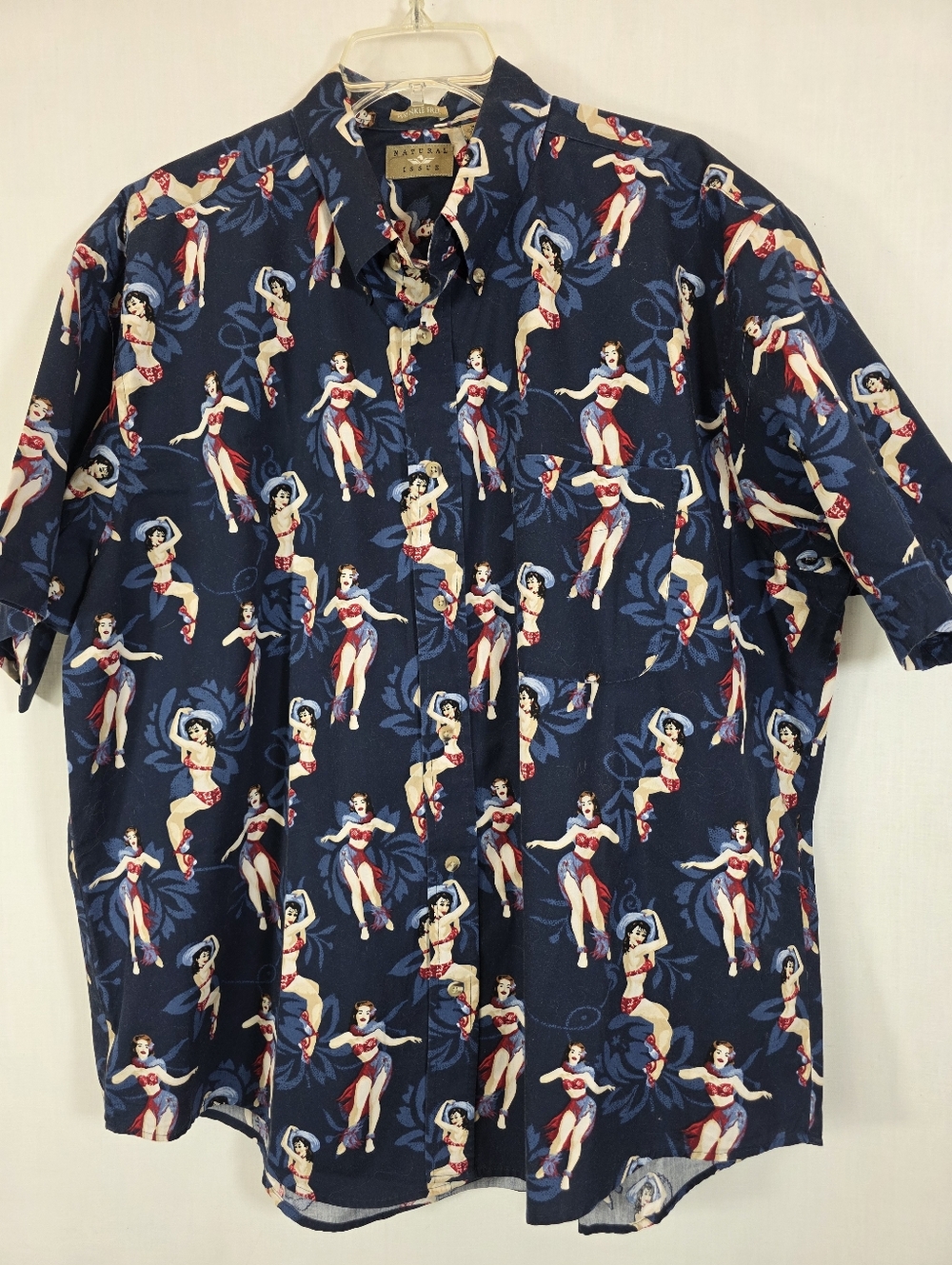 Vtg Natural Issue Men’s XL Hawaiian Shirt Pinup Hula Girl All Over Print Navy